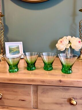 Set 4 Green Ombre Stemless Martini Glasses Mouth Blown Showgirl Barware